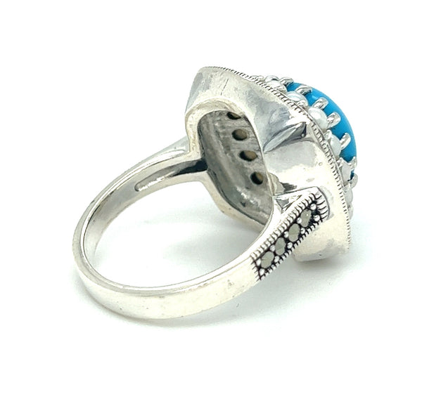 Silver Marcasite Pearl & Turquoise Ring rear