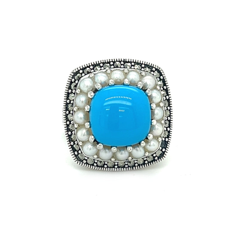 Silver Marcasite Pearl & Turquoise Ring front