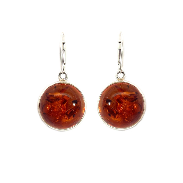 Sterling Silver Large Round Amber Drop Earrings
