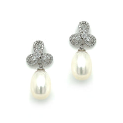 Silver Freshwater Pearl CZ Petals Drop Earrings