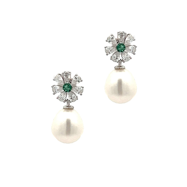 Silver Freshwater Pearl Green CZ Drop Earrings
