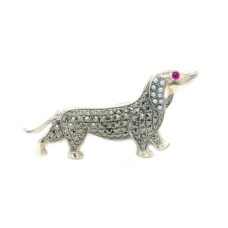 Sausage Dog Brooch Silver, Marcasite, Pearl & Ruby