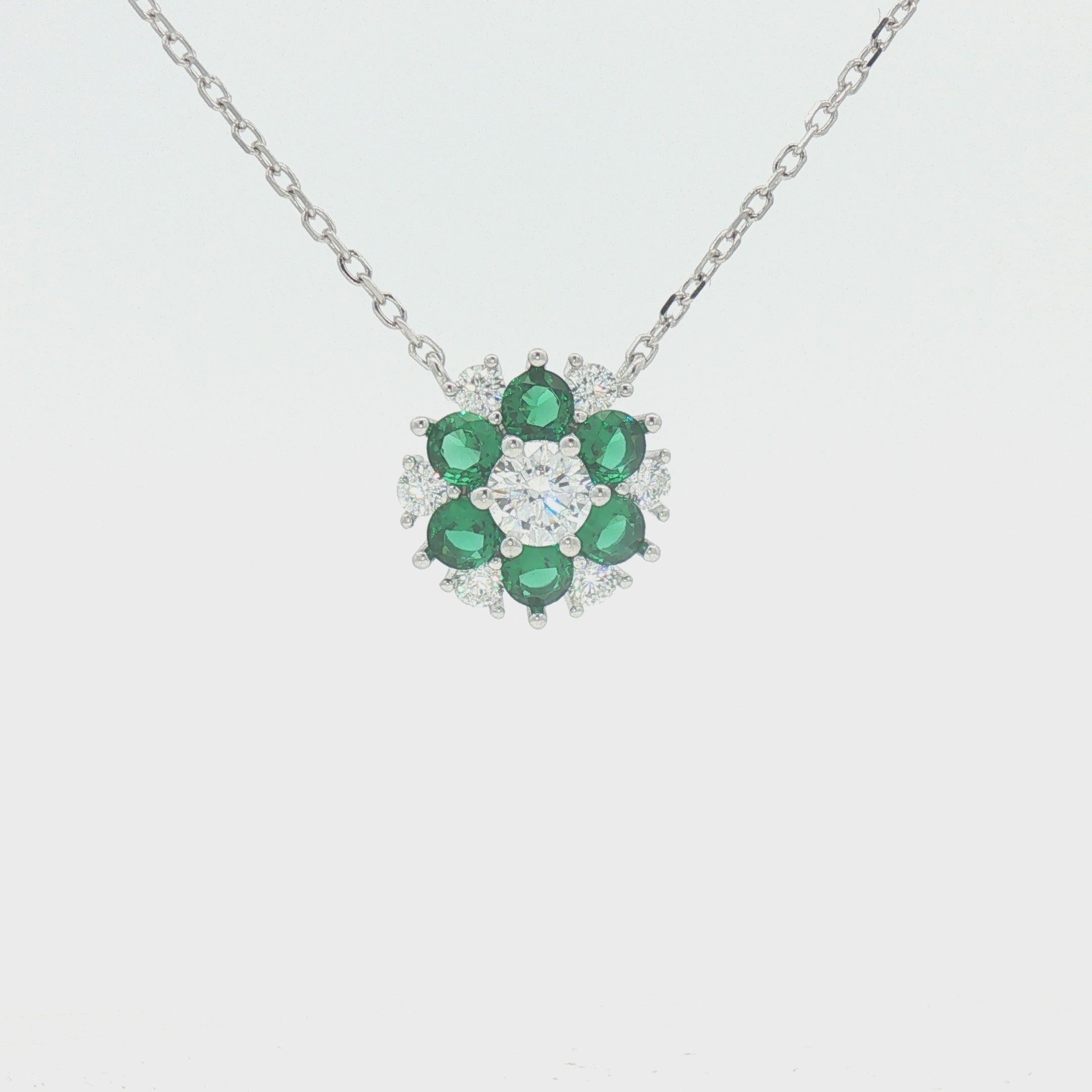 Sterling Silver Green & White CZ Flower Necklace