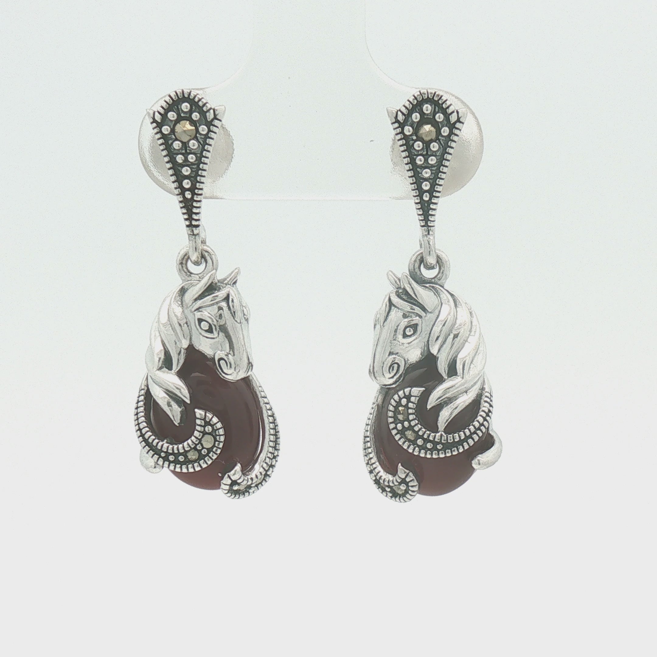 Sterling Silver Marcasite & Red Agate Horse Earrings