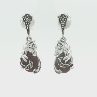 Sterling Silver Marcasite & Red Agate Horse Earrings