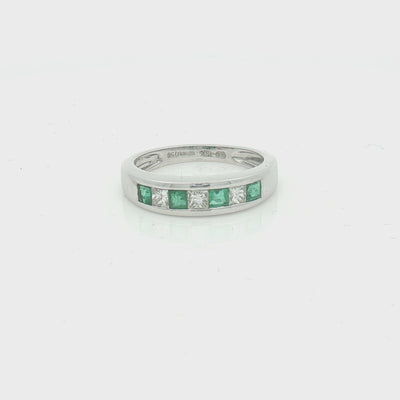 Pre Owned Emerald & Diamond 7 Stone Eternity Ring 18ct White Gold