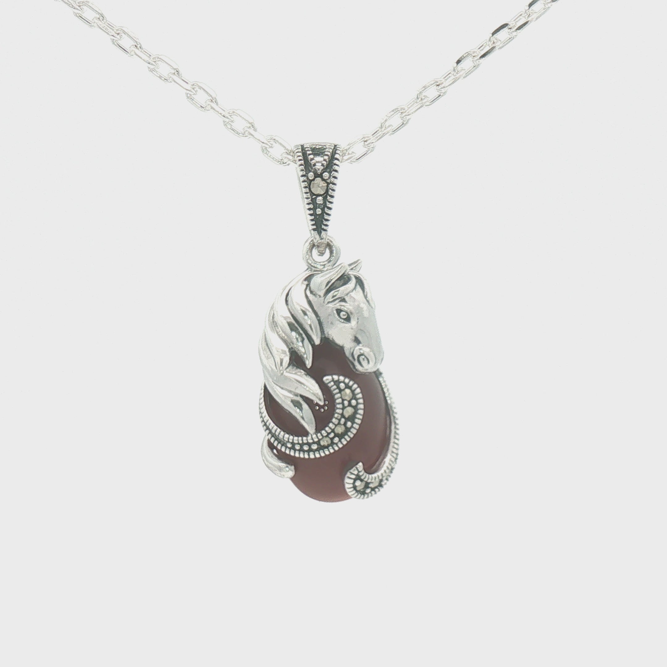 Sterling Silver Marcasite & Red Agate Horse Necklace