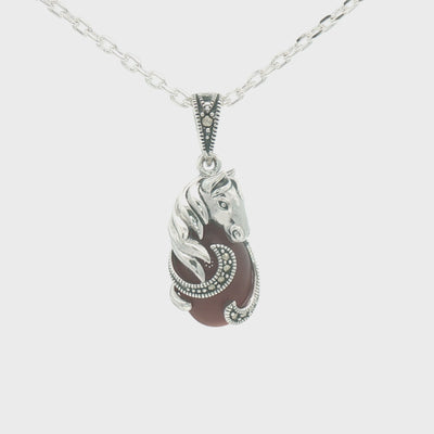 Sterling Silver Marcasite & Red Agate Horse Necklace
