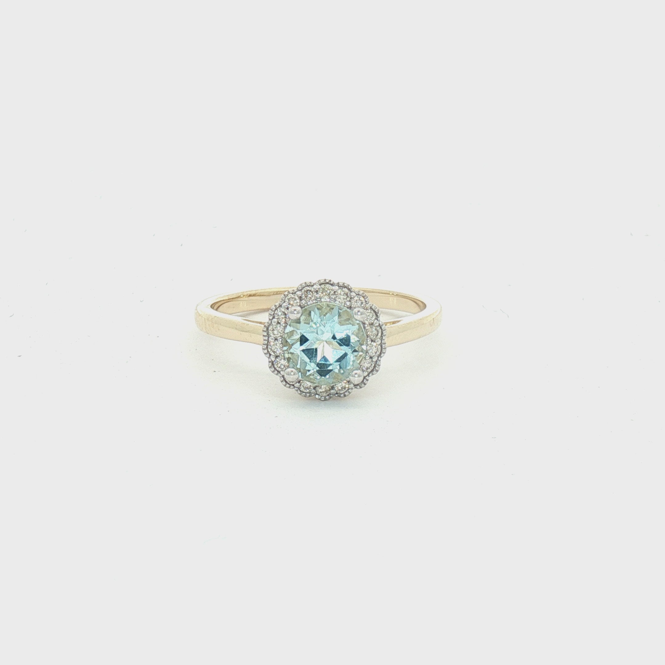9ct Gold Round Aquamarine & Diamond Ring