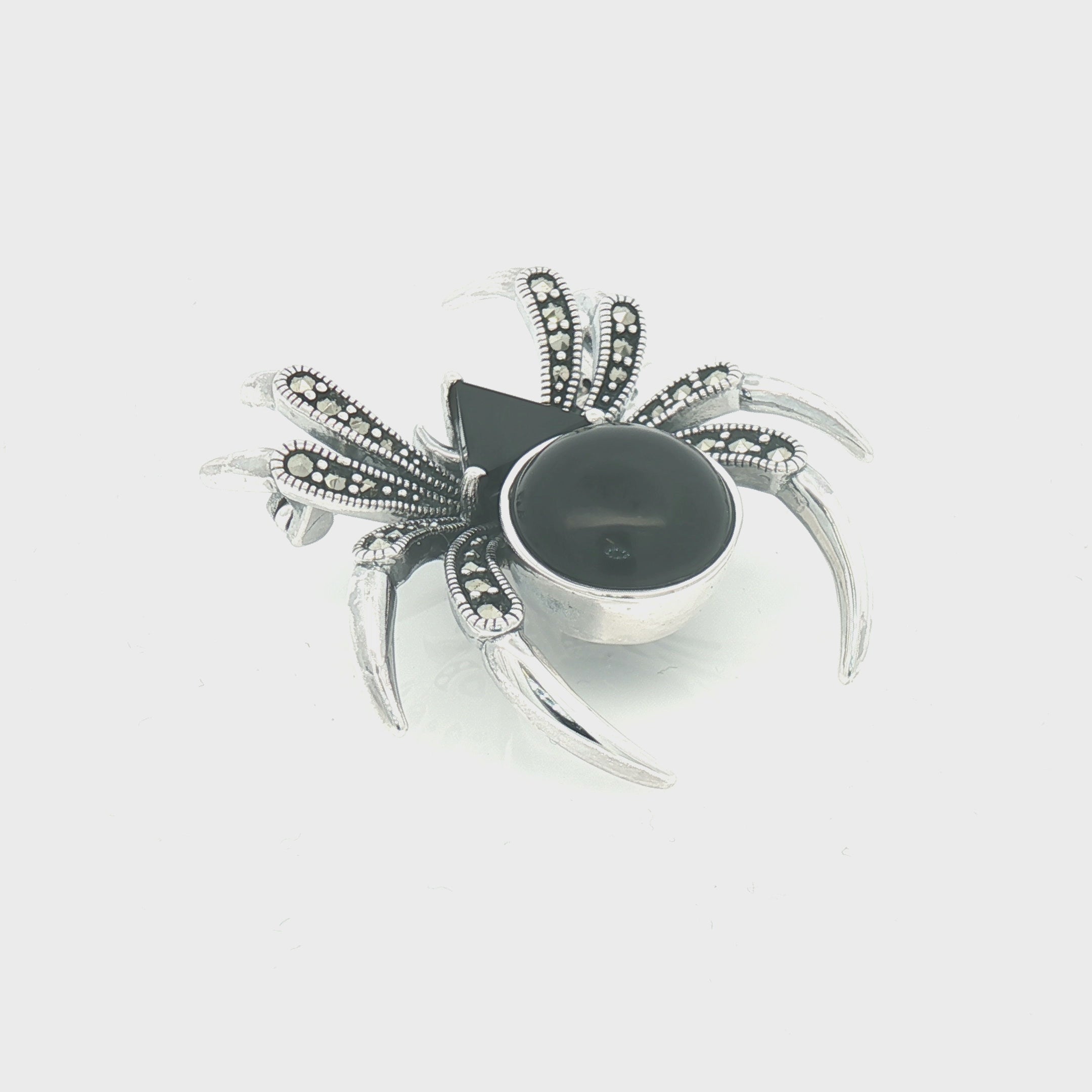 Silver Marcasite & Onyx Spider Brooch