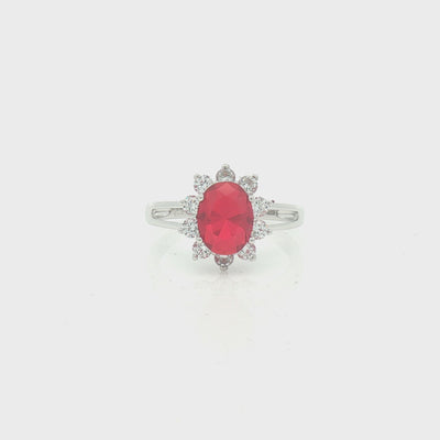 Silver Red & White CZ Oval Cluster Ring