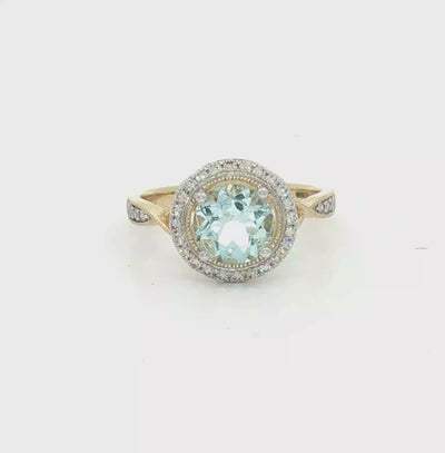 9ct Gold Round Aquamarine & Diamond Ring