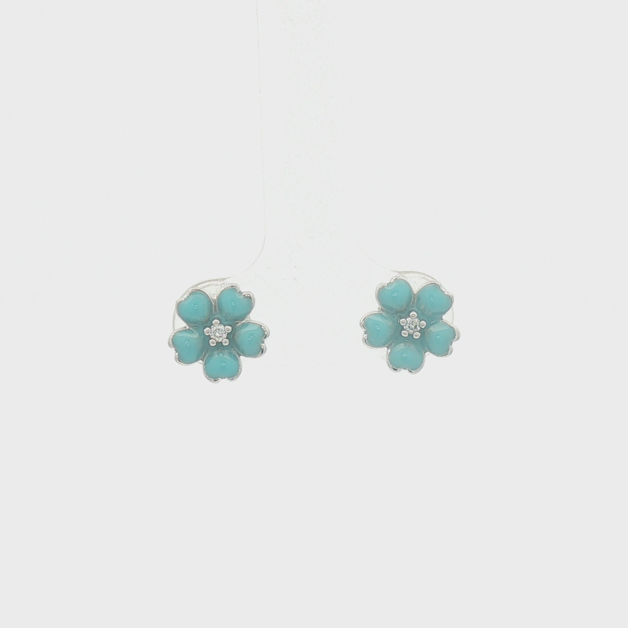 Silver Turquoise Enamel Flower Stud Earrings