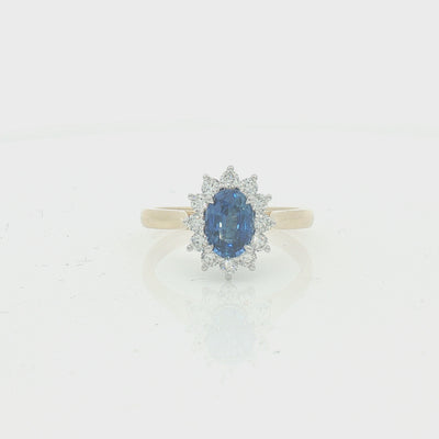 Ceylon Sapphire & Diamond Oval Cluster Ring 18ct Gold