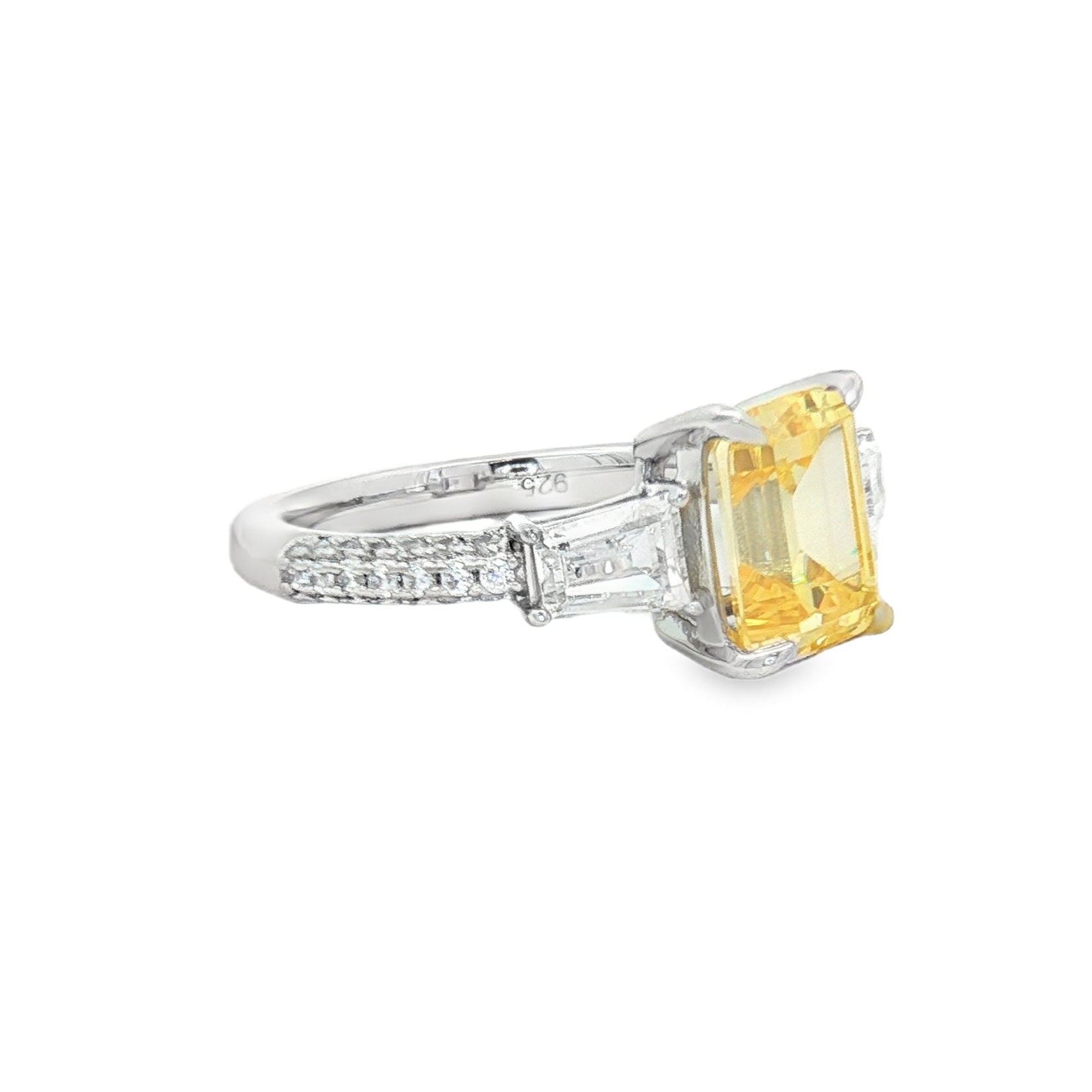Silver Yellow CZ Trilogy Ring SIDE