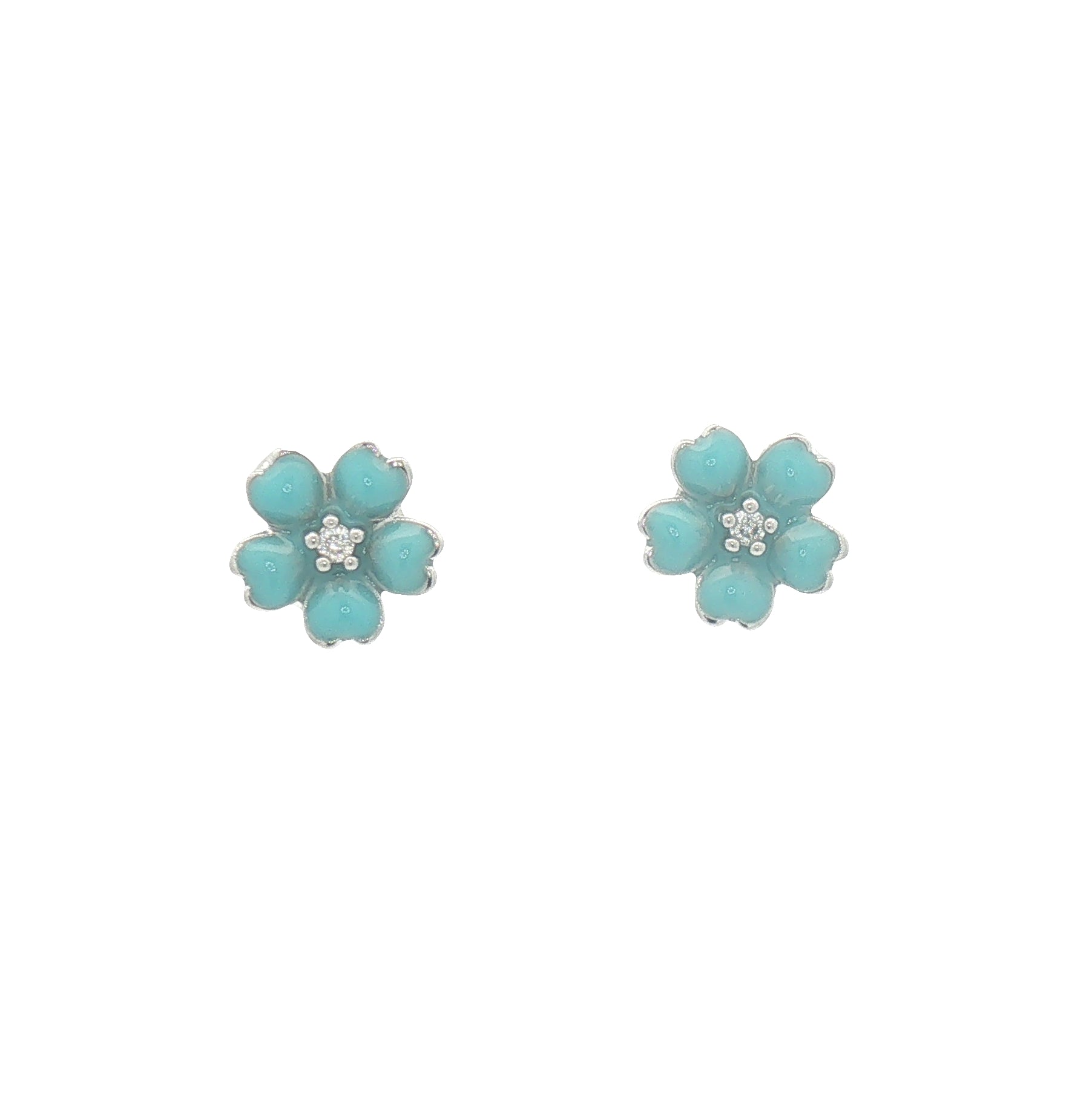 Silver Turquoise Enamel Flower Stud Earrings