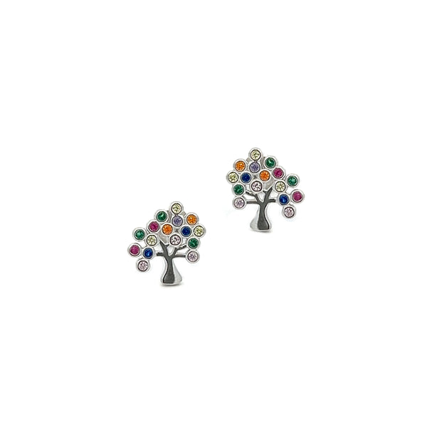 Silver Rainbow CZ Tree of Life Stud Earrings