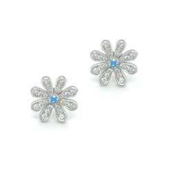 Silver Blue & White CZ Flower Stud Earring