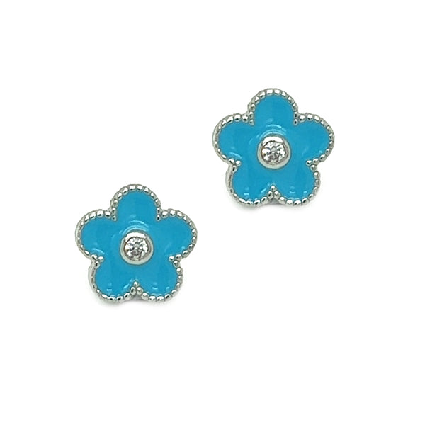 Silver Blue Enamel Flower Stud Earring