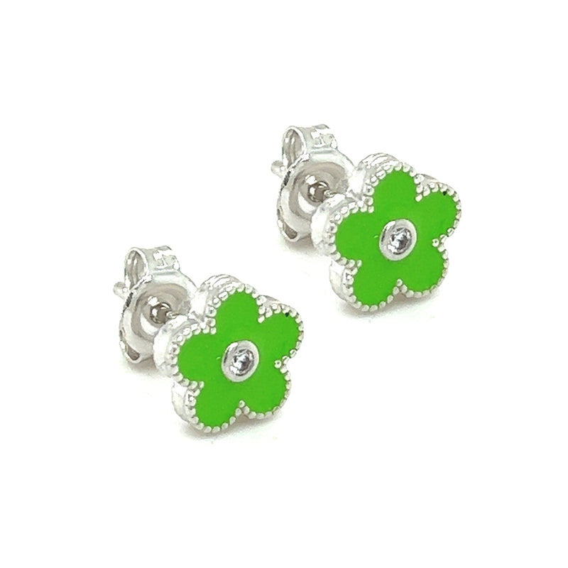 Silver Green Enamel Flower Stud Earring side