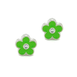 Silver Green Enamel Flower Stud Earring