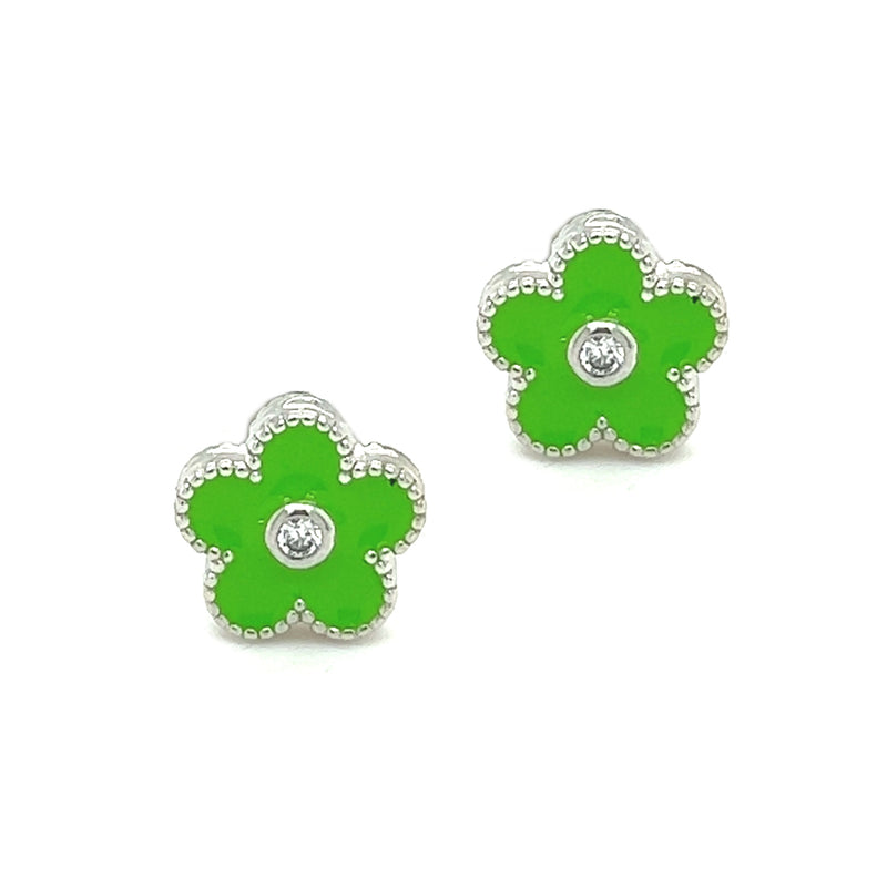 Silver Green Enamel Flower Stud Earring