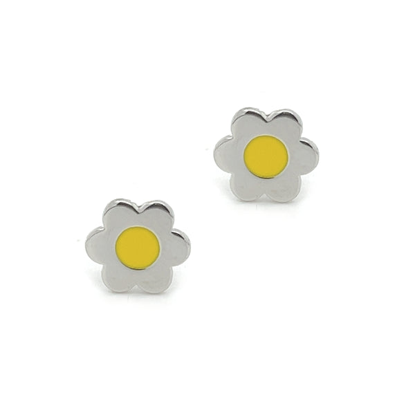 Silver Yellow Enamel Flower Stud Earring