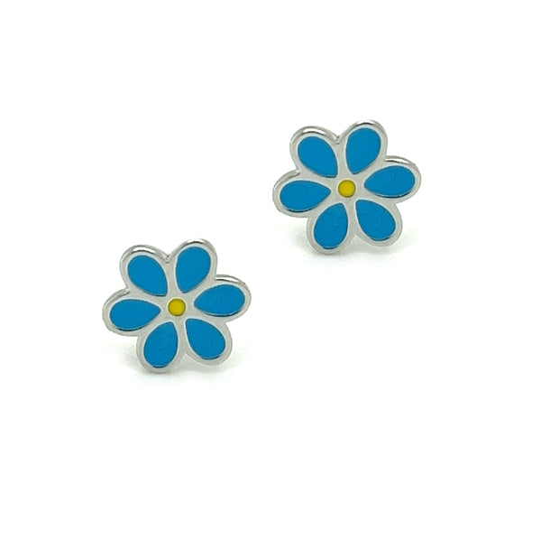 Silver Light Blue Enamel Flower Stud Earrings
