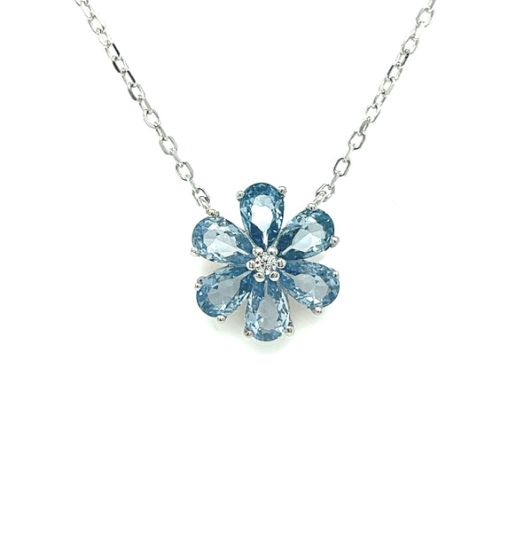 Silver Light Blue CZ Flower Necklace