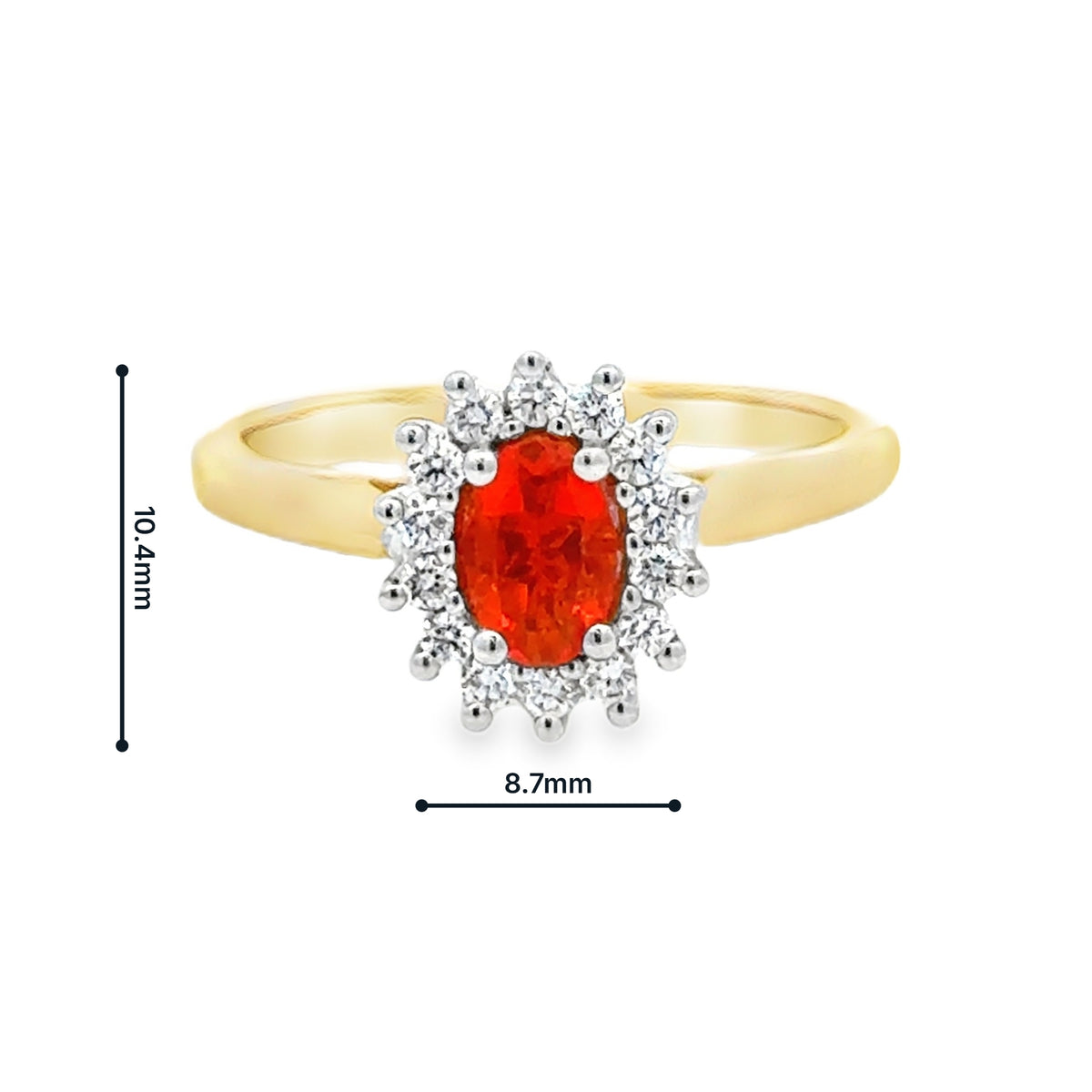 Fire Opal & Diamond Oval Cluster Ring 9ct Gold measurements
