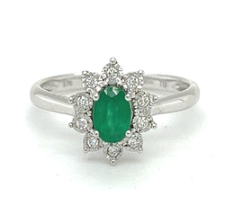 Emerald & Diamond Oval Illusion Set Cluster Ring 9ct White Gold