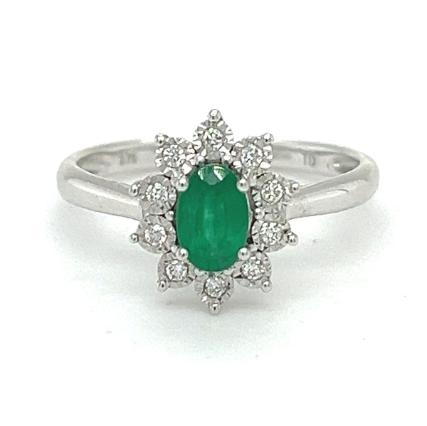Emerald & Diamond Oval Illusion Set Cluster Ring 9ct White Gold