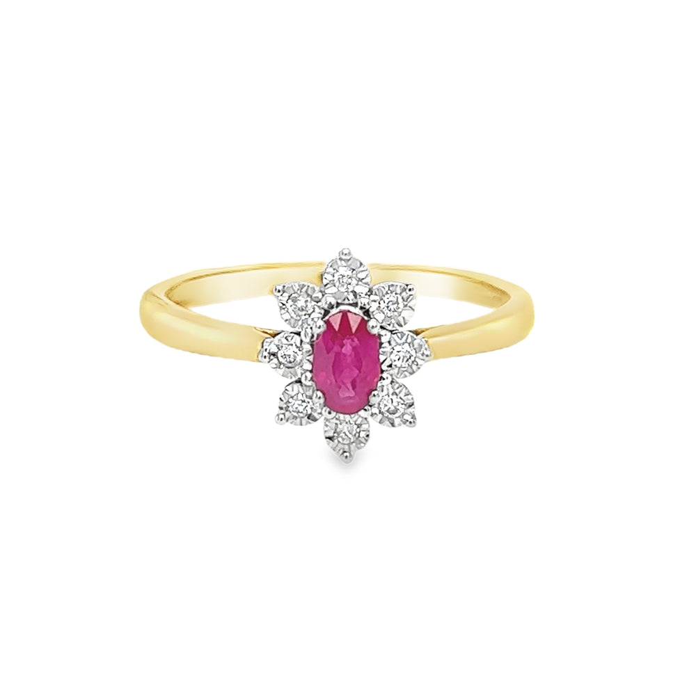 Ruby & Diamond Oval Illusion Set Cluster Ring 9ct Gold