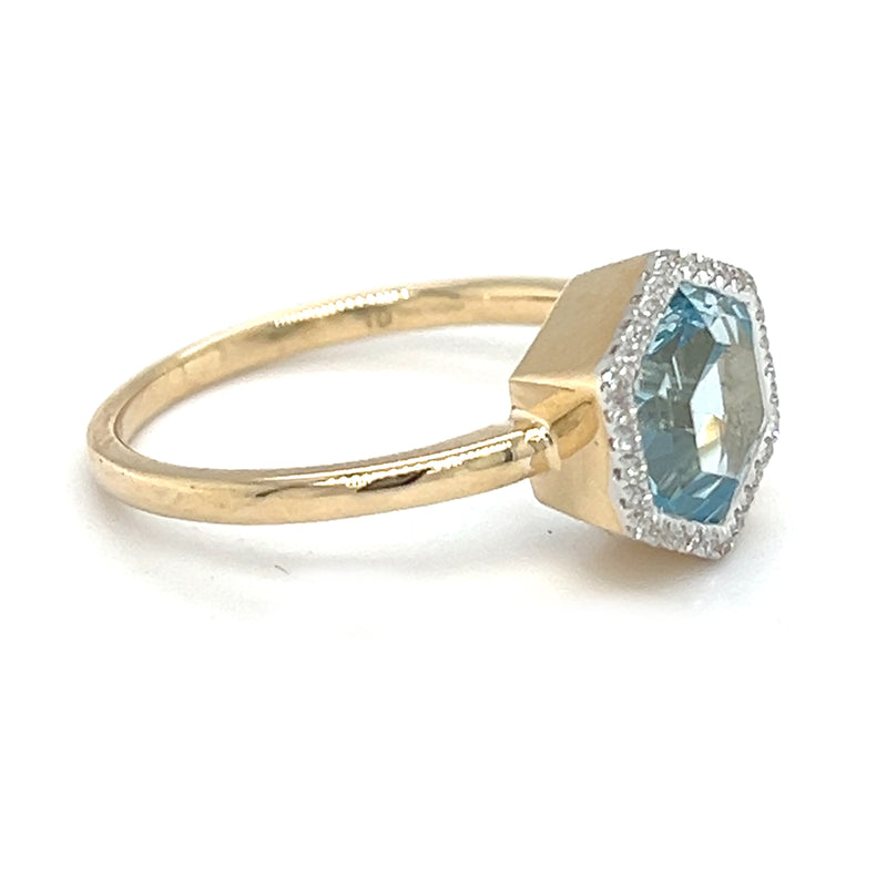 Hexagonal Blue Topaz & Diamond Ring 9ct Gold