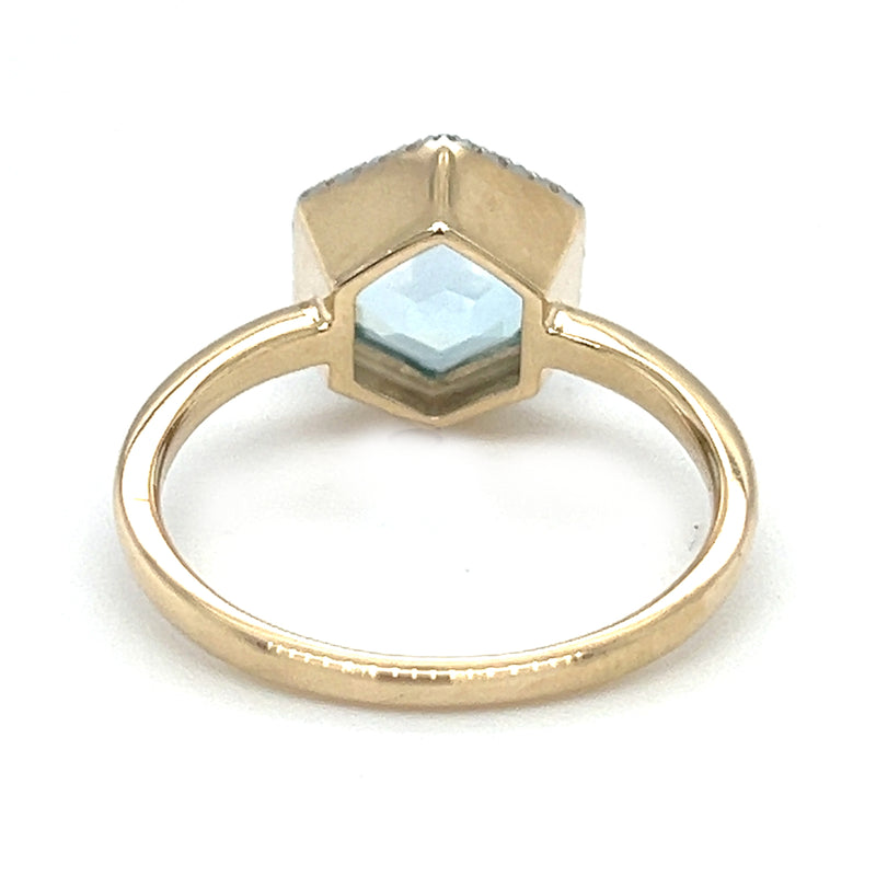 Hexagonal Blue Topaz & Diamond Ring 9ct Gold