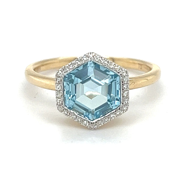 Hexagonal Blue Topaz & Diamond Ring 9ct Gold