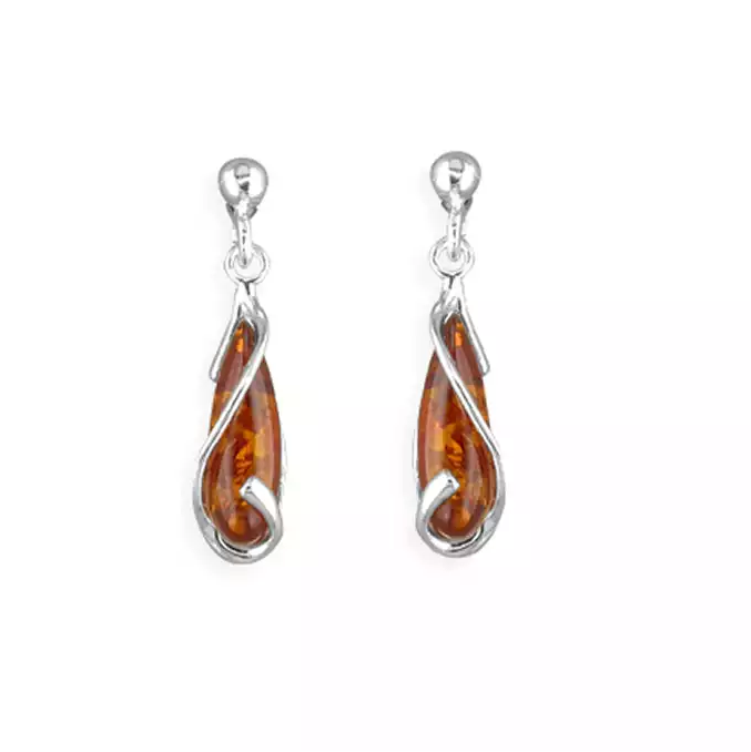 Sterling Silver Amber Lozenge Drop Earrings