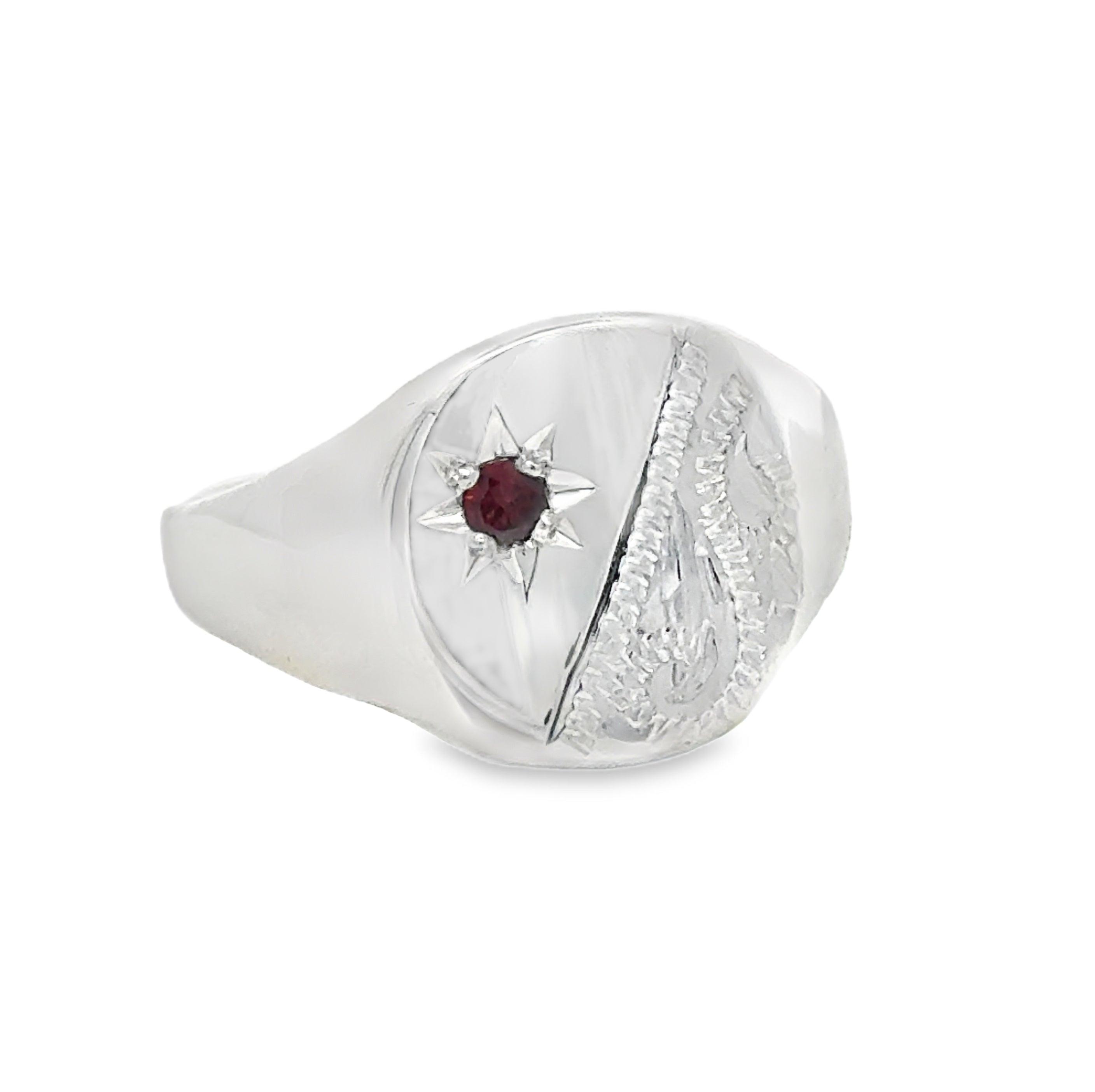 Sterling Silver Corner Engraved Signet Ring set with Garnet