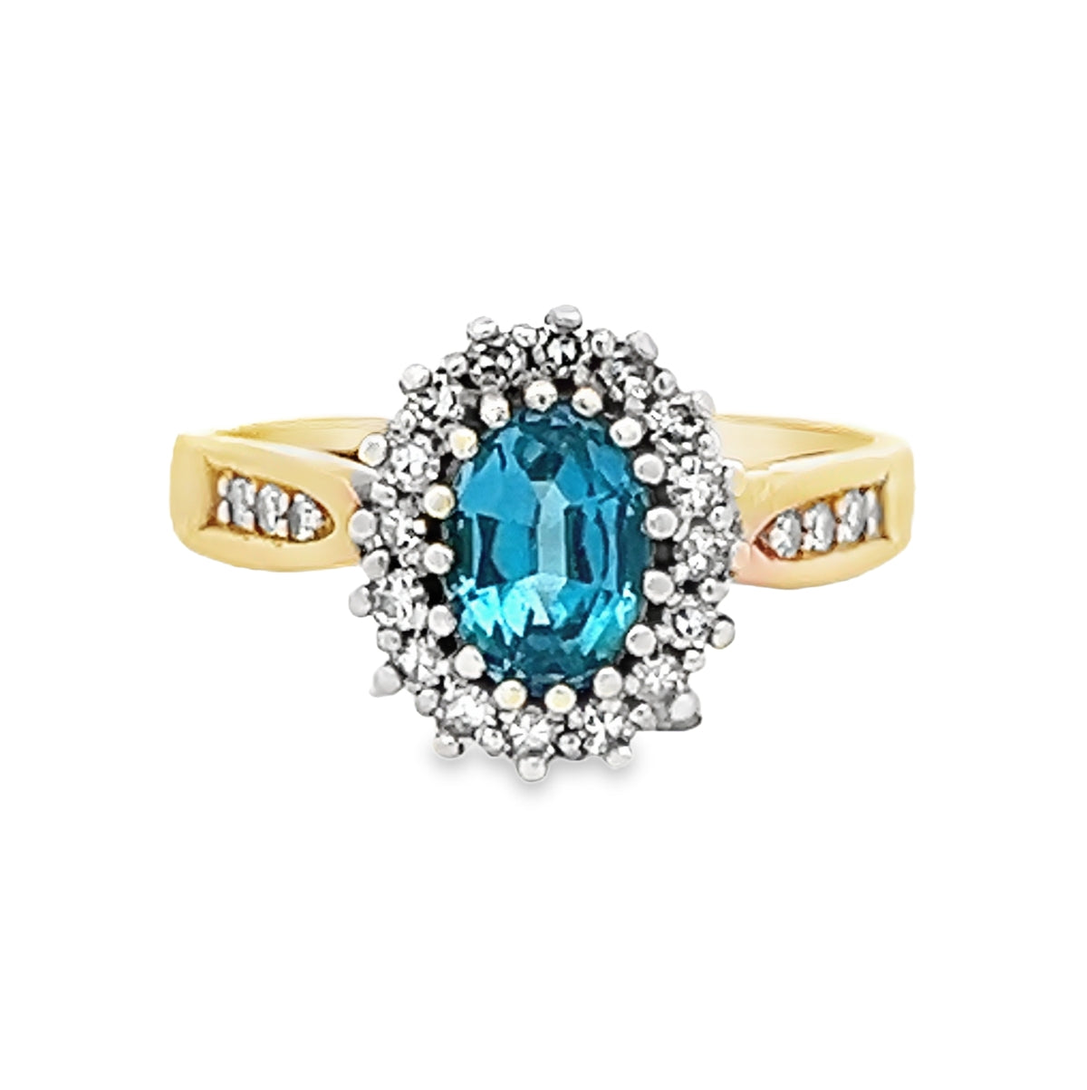Pre Owned Blue Topaz & Diamond Oval Cluster Ring 9ct Gold