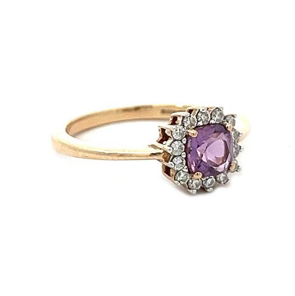 Pre Owned Amethyst & Diamond Cluster Ring 9ct Gold SIDE