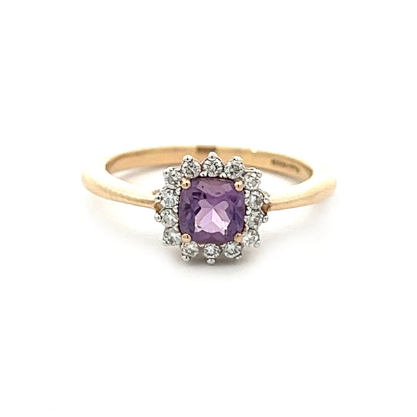 Pre Owned Amethyst & Diamond Cluster Ring 9ct Gold
