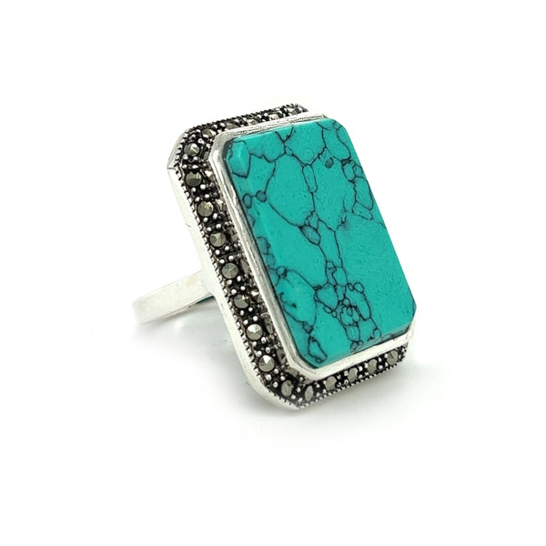 Large Oblong Silver Marcasite & Turquoise Ring