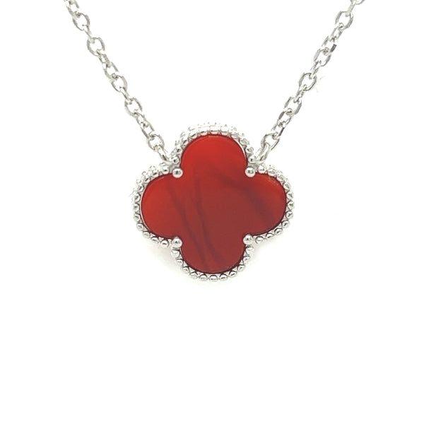 Silver Red Agate Clover Necklace