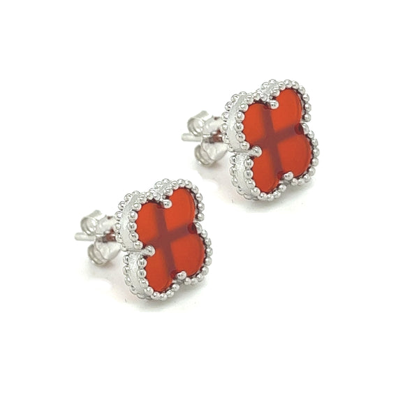 Silver Red Agate Clover Stud Earring side