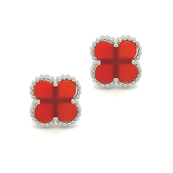 Silver Red Agate Clover Stud Earring