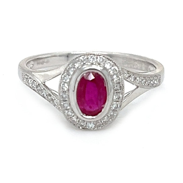 Oval Ruby & Diamond Cluster Ring 18ct White Gold