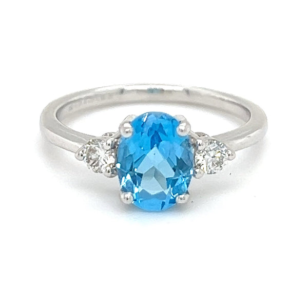 Blue Topaz & Diamond 3 Stone Ring 18ct White Gold