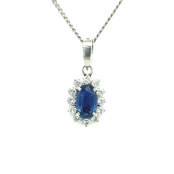 Platinum Oval Sapphire & Diamond Cluster Necklace