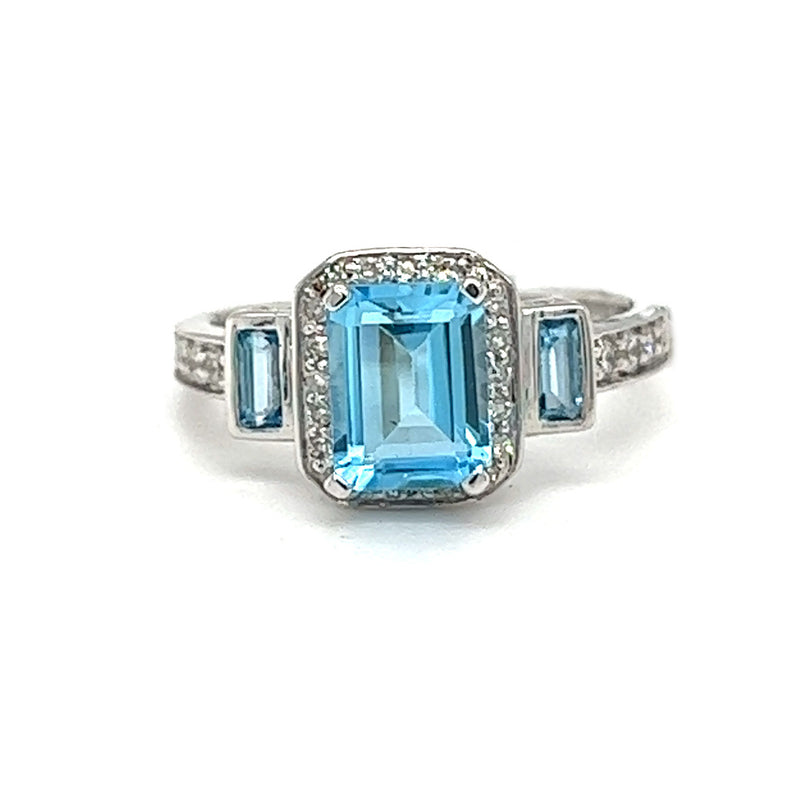 3 Stone Blue Topaz & Diamond Ring 9ct White Gold front