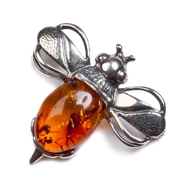 Henryka Bumble Bee Brooch in Silver and Amber